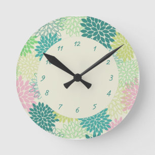 Teal & Pink Mums Round Clock