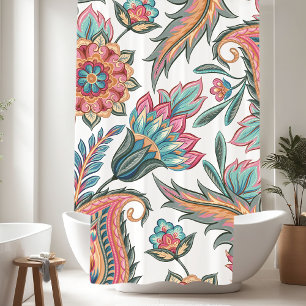 Teal, Pink Orange Paisley Floral Shower Curtain