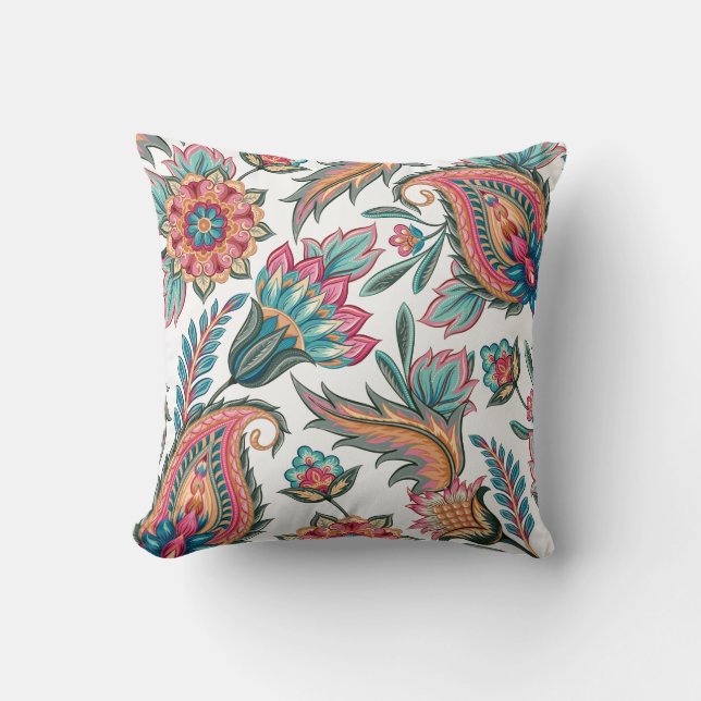 Teal Pink Orange Paisley Floral Throw Pillow (Front)
