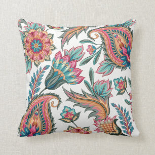 Teal Pink Orange Paisley Floral Throw Pillow