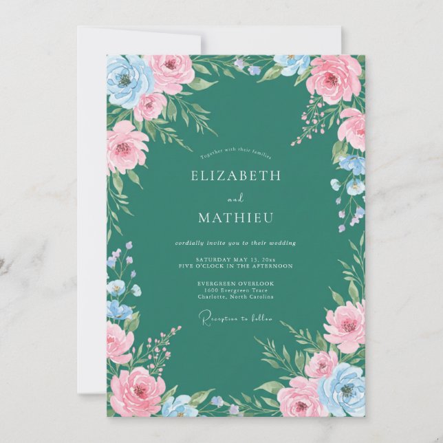 Teal Pink Painted Wedding Invitation (Front)