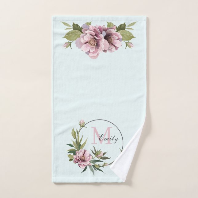 Teal, Pink peonies personalised initial monogram Hand Towel (Hand Towel)