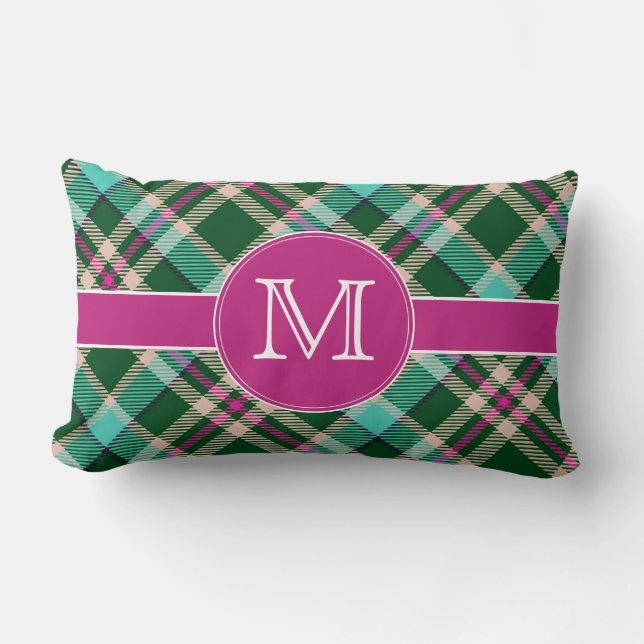 Teal & Pink Plaid Lumbar Pillow (Front)