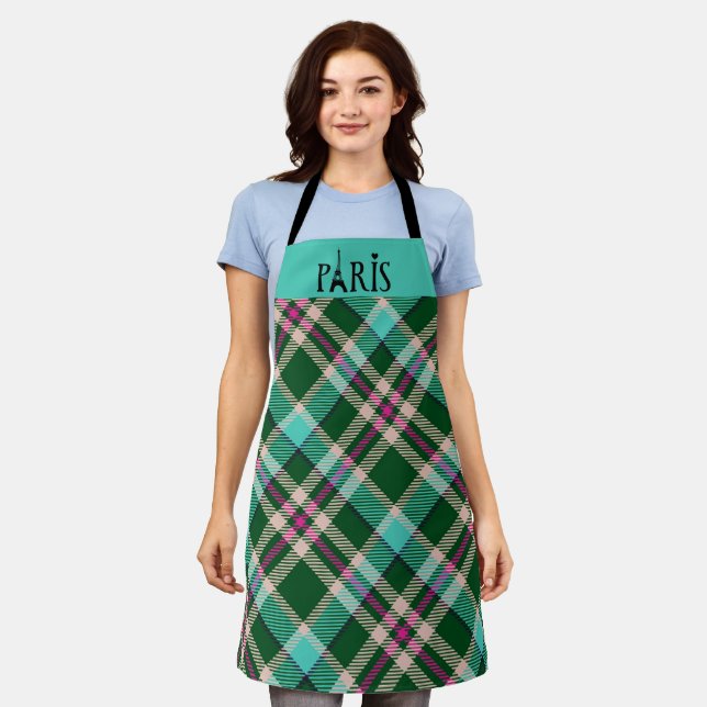 Teal & Pink Plaid Paris Apron (Worn)