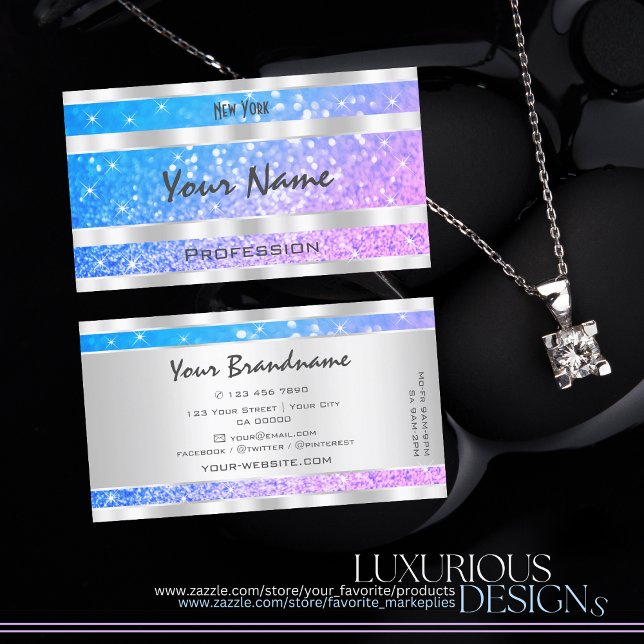 Teal Pink Purple Glitter Stars Silver Decor Business Card (Creator Uploaded)