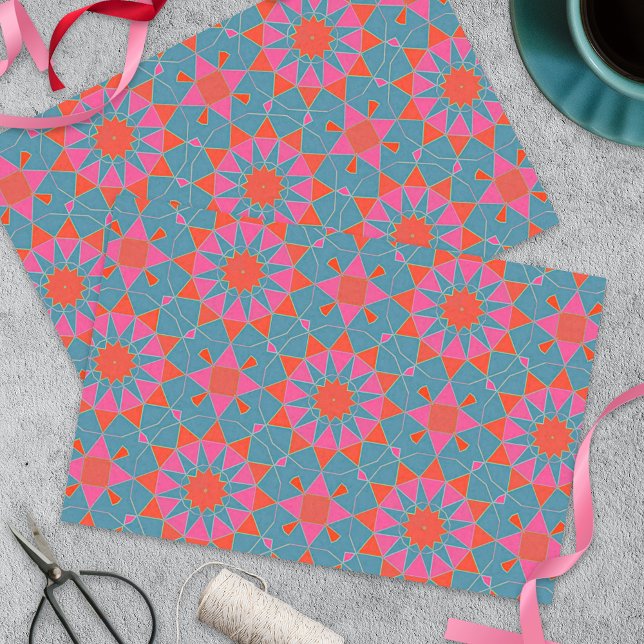 Teal Pink Red Arabesque Mosaic Geometric Pattern Tissue Paper (Creator Uploaded)