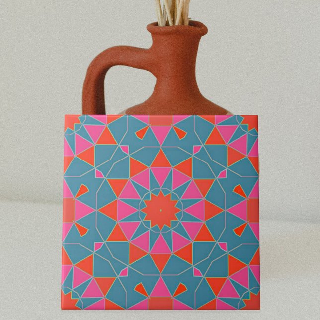 Teal Pink Red Moroccan Mosaic Geometric Pattern Ceramic Tile (Creator Uploaded)