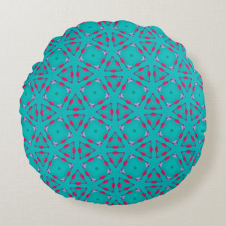 Teal Pink Retro Geometry Round Pillow