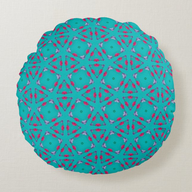 Teal Pink Retro Geometry Round Pillow (Front)