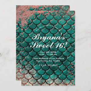 Teal & Pink Rose Gold Glitter Mermaid Sweet 16 Invitation