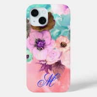 TEAL PINK ROSES AND ANEMONE FLOWERS MONOGRAM