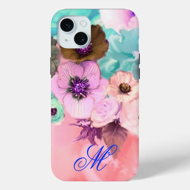 TEAL PINK ROSES AND ANEMONE FLOWERS MONOGRAM Case-Mate iPhone CASE (Back)