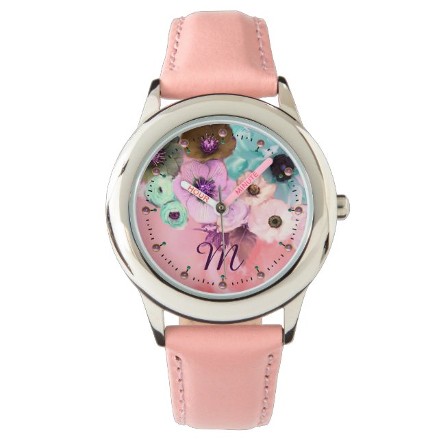 TEAL PINK ROSES AND ANEMONE FLOWERS MONOGRAM WATCH (Front)