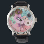 TEAL PINK ROSES AND ANEMONE FLOWERS MONOGRAM WATCH<br><div class="desc">Elegant white aqua blue teal roses and yellow pink anemones on hot pink background with printed pink gemstones.</div>