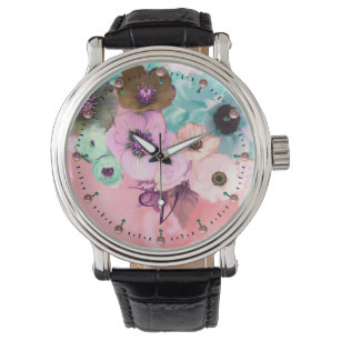 TEAL PINK ROSES AND ANEMONE FLOWERS MONOGRAM WATCH