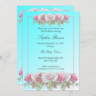 Teal Pink Roses Floral Birthday Party Invitation