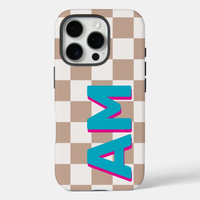 Teal Pink Shadow Monogram Beige Chequerboard Case-Mate iPhone Case (Back)