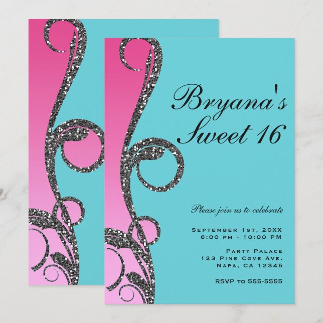 Teal & Pink Silver Glitter Swirl Sweet 16 Party Invitation (Front/Back)