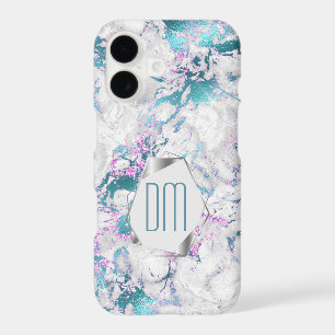 Teal Pink Silver Marble Monogram
