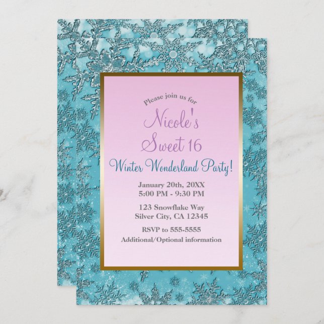 Teal & Pink Snowflakes Winter Wonderland Party Invitation (Front/Back)