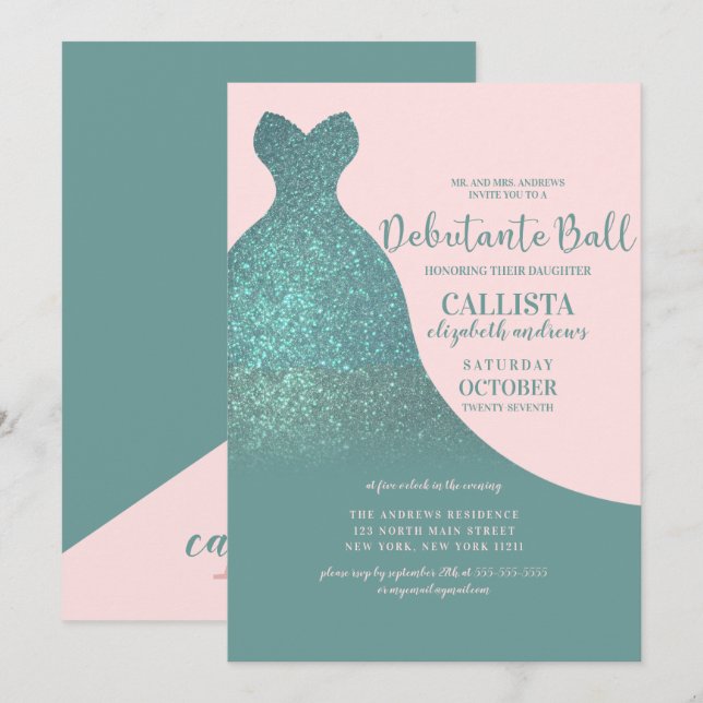 Teal Pink Sparkly Glitter Dress Debutante Dance Invitation (Front/Back)
