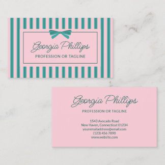 Teal & Pink Stripes & Bow Retro Business Card