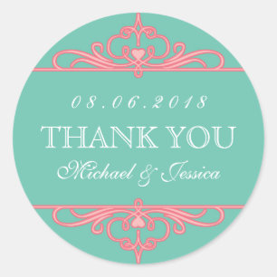 Teal Pink Vintage Swirl Ornament Wedding Stickers