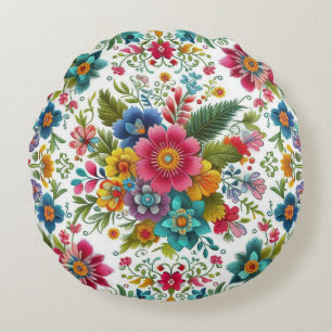 Teal Pink Yellow Colourful Embroidery Style Flower Round Cushion