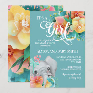 Teal Pink Yellow Floral Elephant Baby Girl Shower Invitation