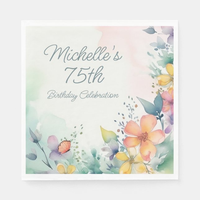 Teal Pink Yellow Pastel Floral 75th Birthday Napkin (Front)