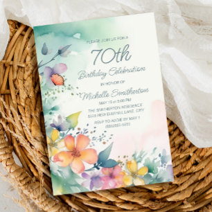 Teal Pink Yellow Pastel Flowers 70th Birthday Invitation