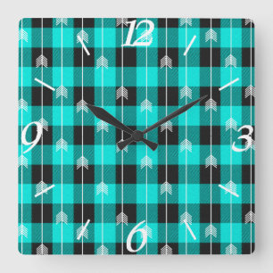 Teal plaid and arrows square wall clock