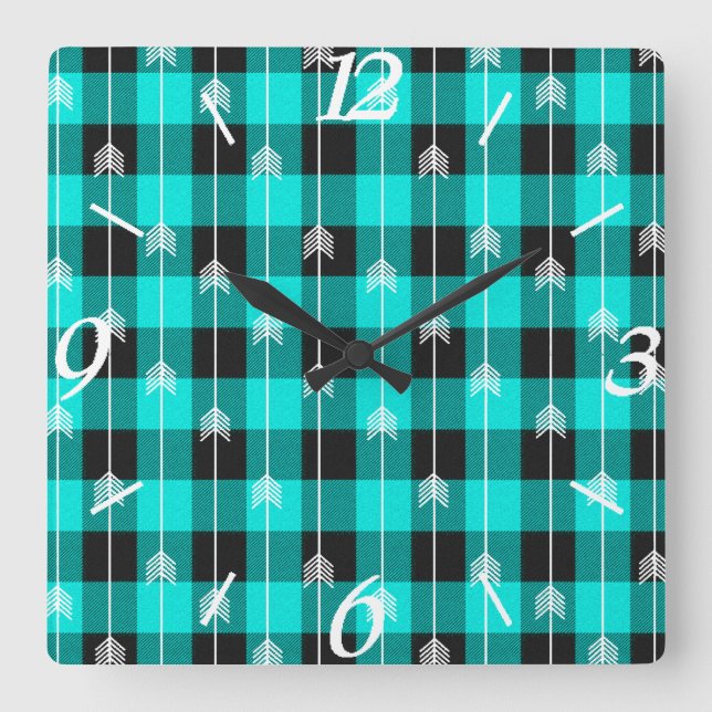 Teal plaid and arrows square wall clock (Front)