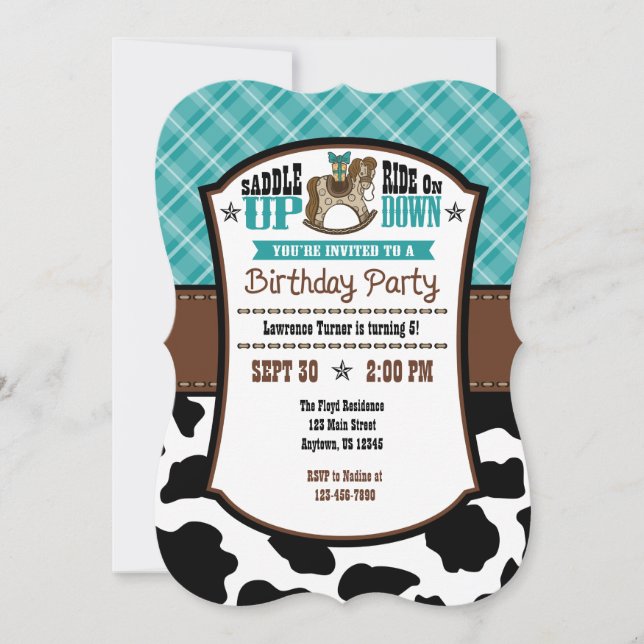 Teal Plaid Cowhide Cowboy Birthday Invite (Front)