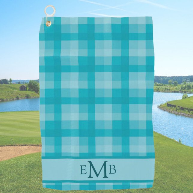 Teal Plaid Custom Monogram Initials Ladies Golf Towel (Creator Uploaded)