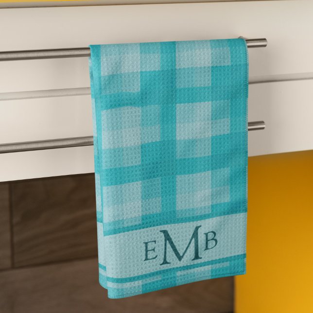 Teal Plaid Custom Monogram Initials Tea Towel (Creator Uploaded)