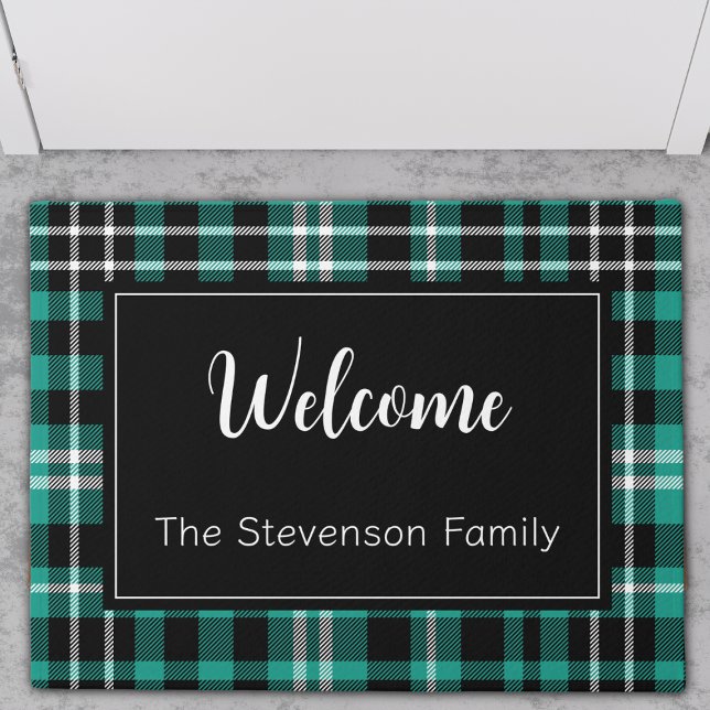 Teal Plaid Welcome Monogrammed Family Name  Doormat (Creator Uploaded)