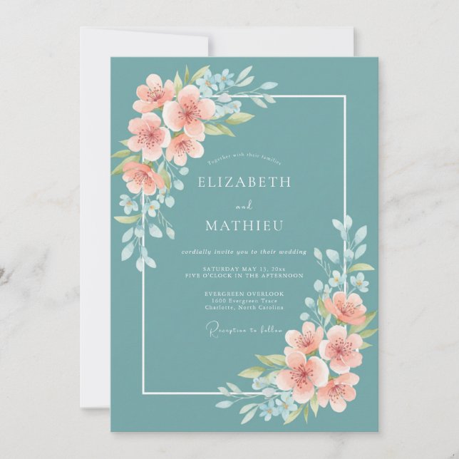 Teal Poetic Blossom Wedding Invitation (Front)