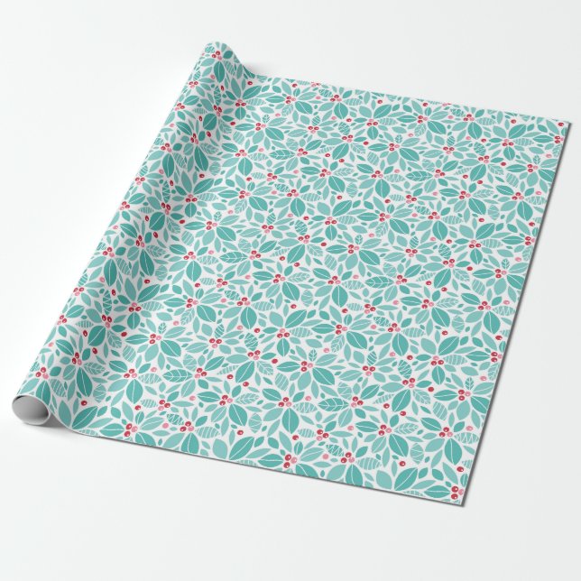 Teal Poinsettia Pattern Wrapping Paper (Unrolled)