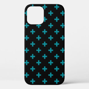 Teal polka crosses on black iPhone 12 case