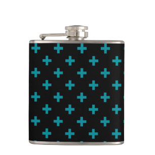 Teal polka crosses on black hip flask