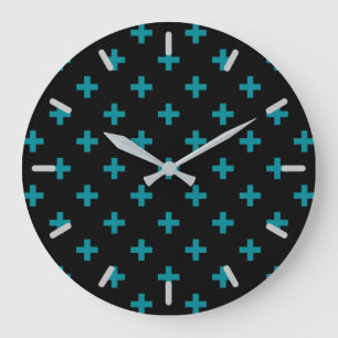 Teal polka crosses on black large clock