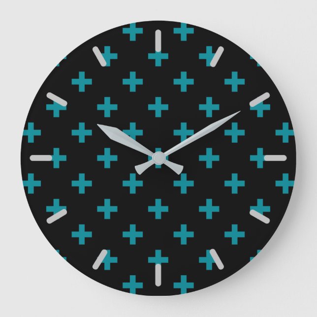 Teal polka crosses on black large clock (Front)