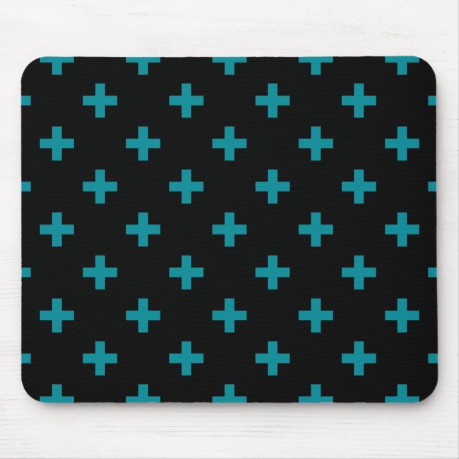 Teal polka crosses on black mouse pad (Front)