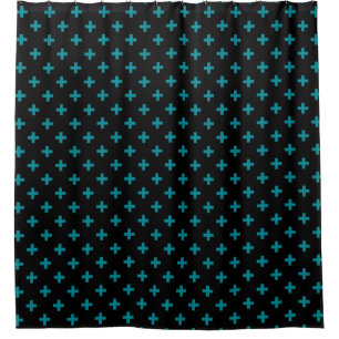 Teal polka crosses on black shower curtain