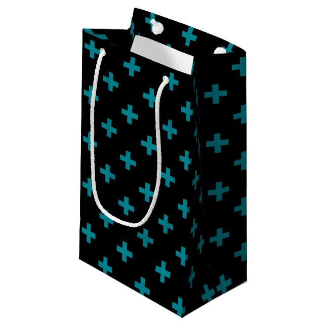 Teal polka crosses on black small gift bag (Front Angled)