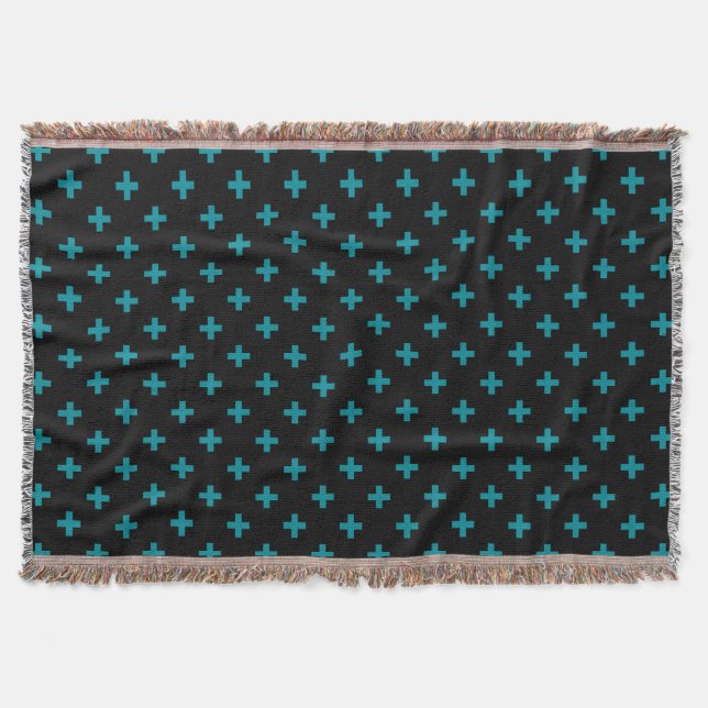 Teal polka crosses on black throw blanket (Front)
