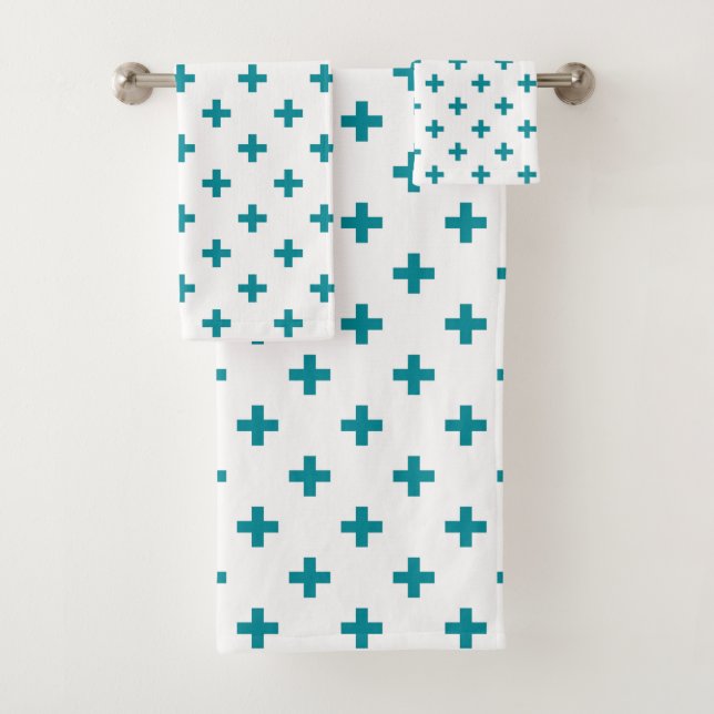 Teal polka crosses on white bath towel set (Insitu)
