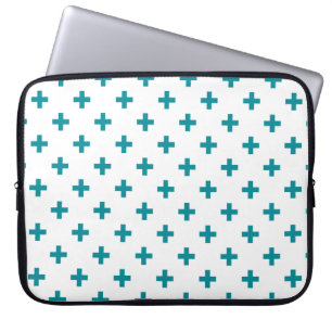 Teal polka crosses on white laptop sleeve