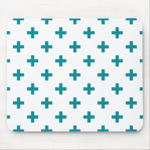 Teal polka crosses on white mouse pad
